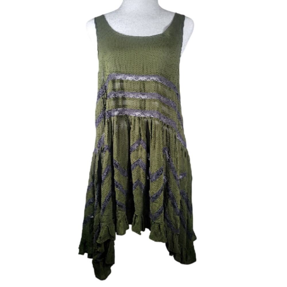 Intimately Free People‎ Womens XS Green and Purple Top Lace Polka Dots Ruffles